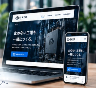 工場のホームページをパソコンとスマートフォンで表示したイメージ