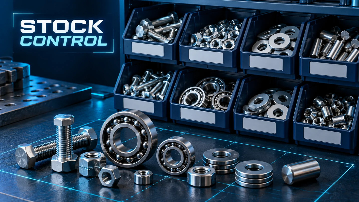 STOCK CONTROLの紹介ビジュアル。工業用品の在庫管理を表現したイメージ