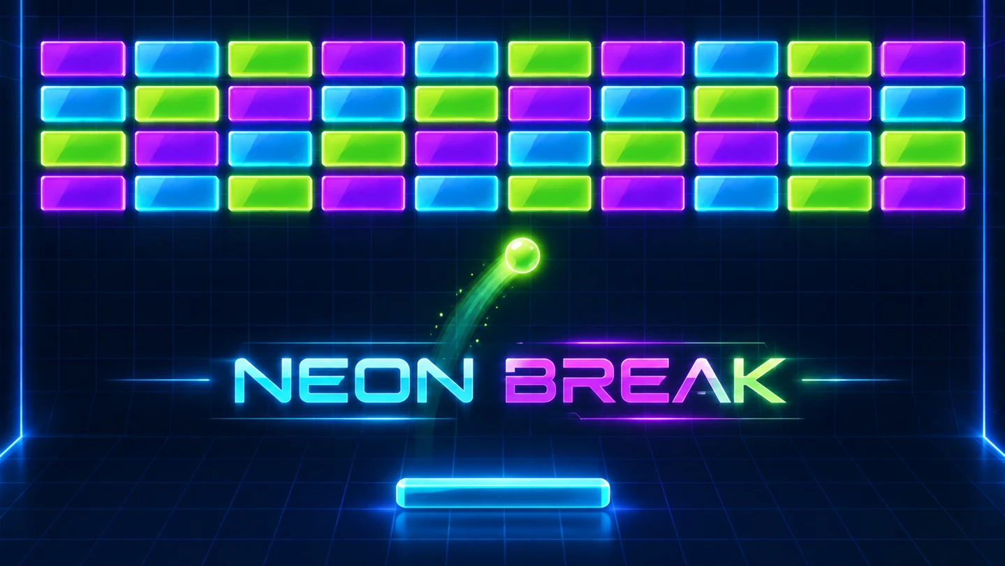 NEON BREAKの紹介ビジュアル。ネオンのブロックとパドルを描いたイメージ